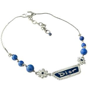 AUTH VTG Christian Dior Nameplate Logo Gemstone Silver Metal Choker Necklace